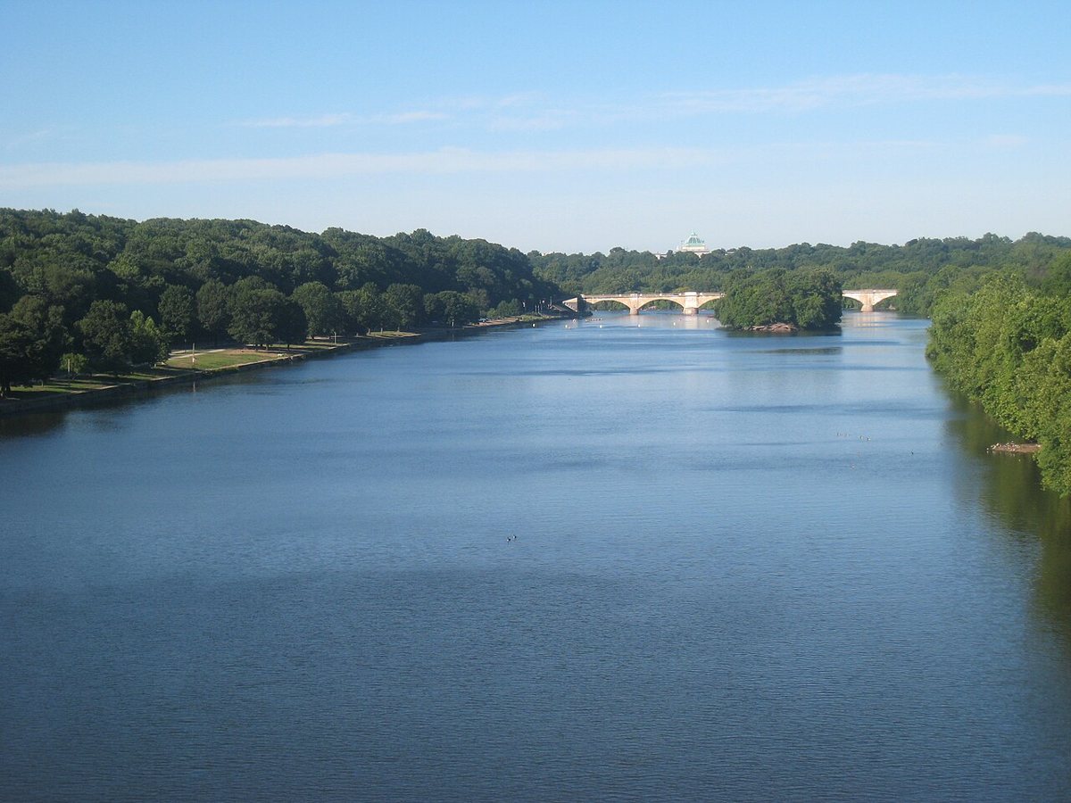 the Schuylkill River and boathouses seen from Fairmount Park