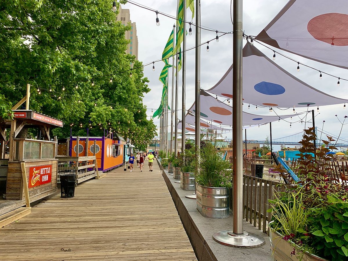 string lights and hammocks along the Delaware riverfront at Spruce Street Harbor Park