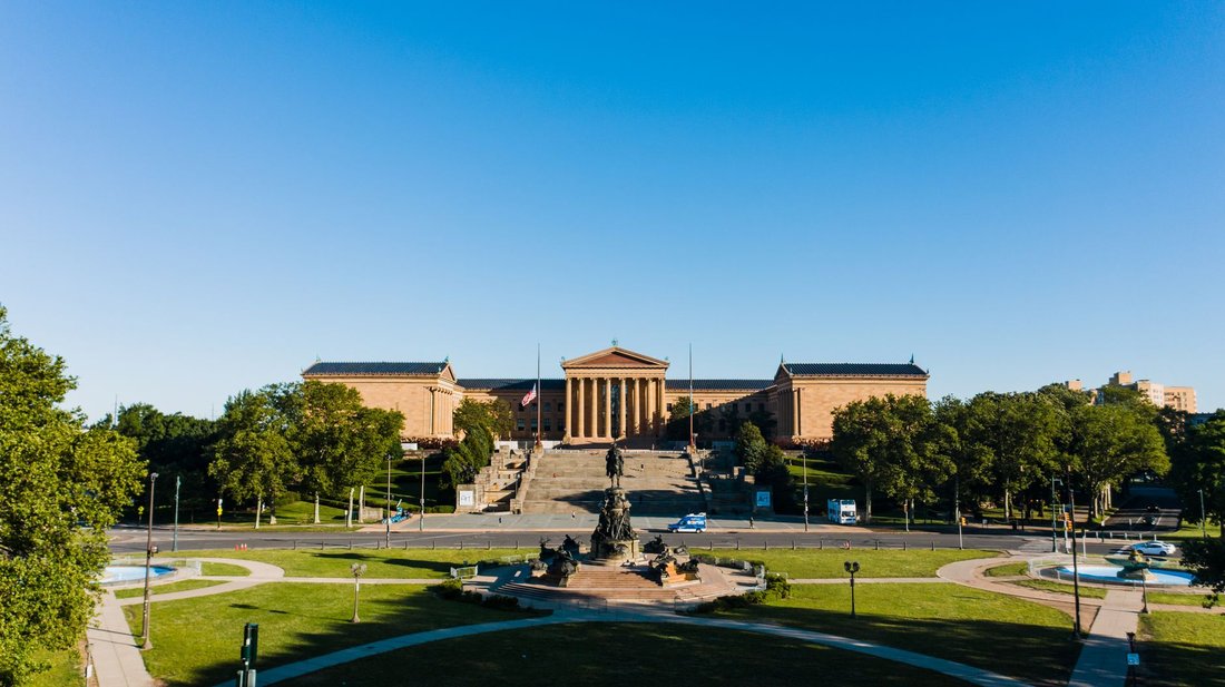 the Philadelphia Museum of Art building and steps seen from Eakins Oval