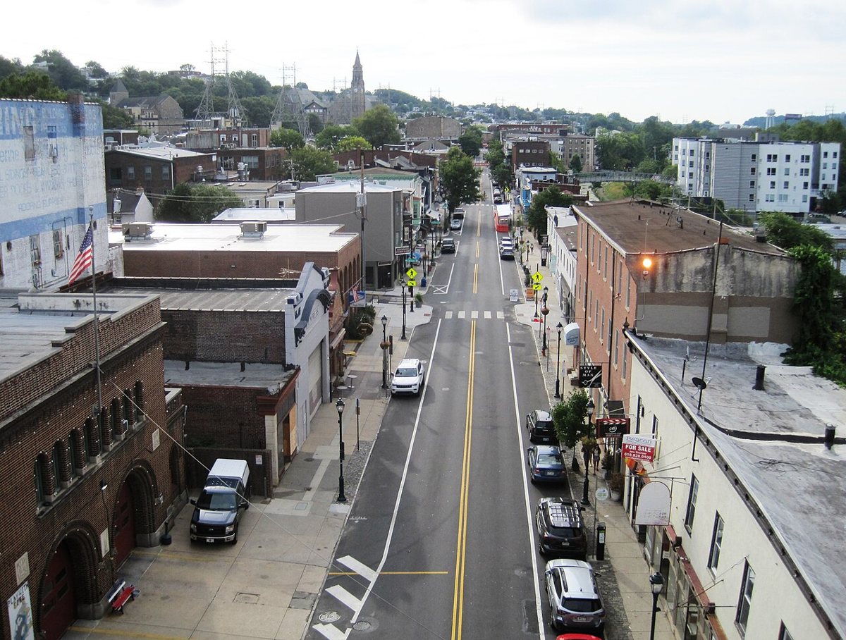 Manayunk Main Street shops and canal in Philadelphia